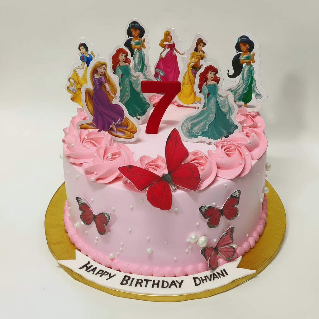 Pink birthday cake with princess figurines and number 7 on a white background