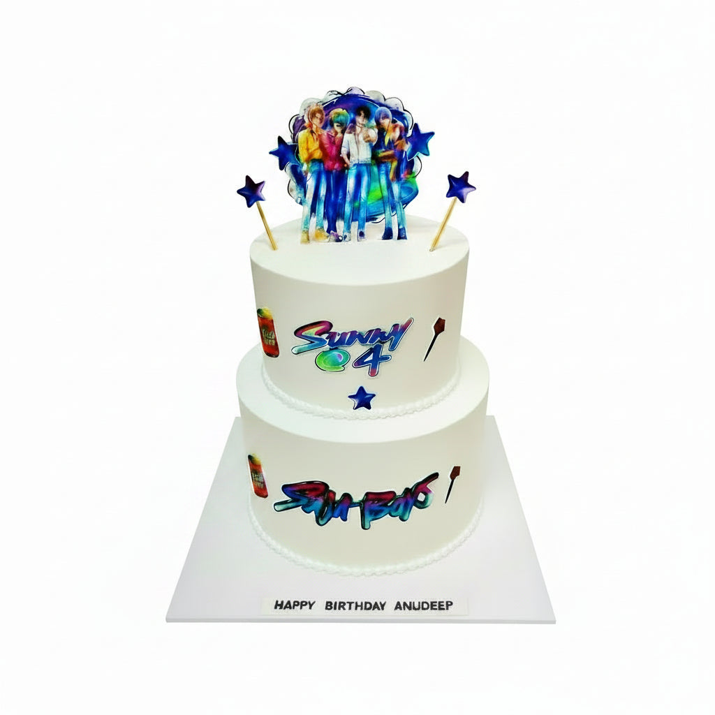 Two-tier birthday cake with colorful decorations and 'Sunny 4' branding on a white background