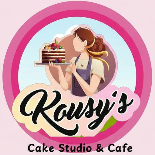 Logo of Kousy's Cake Studio & Cafe with a woman holding a cake on a pink background