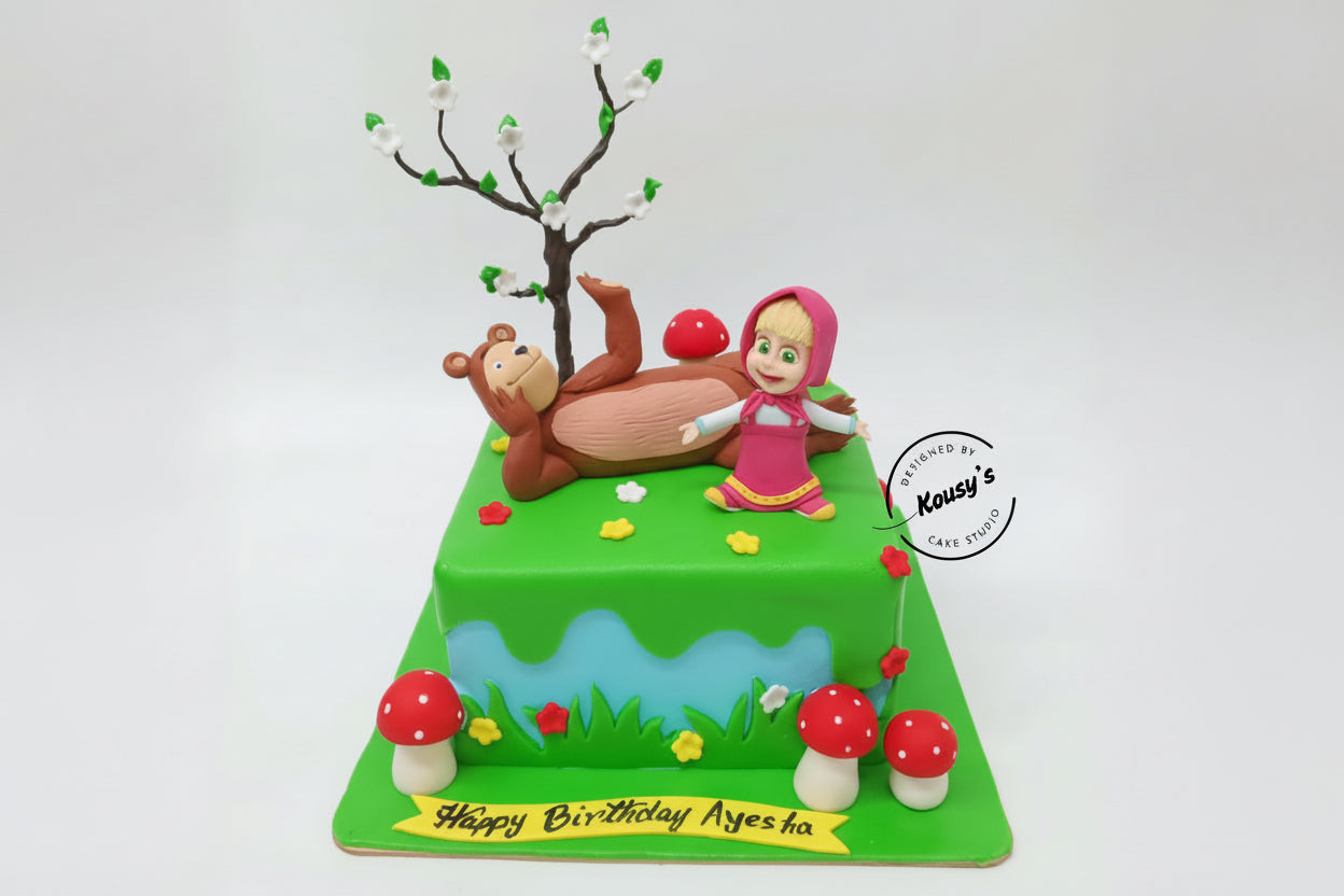 Masha and the Bear themed birthday cake with cartoon characters and tree on a white background