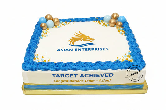 Cake with 'Asian Aluminium & PVC Centre' branding and celebratory text on a white background