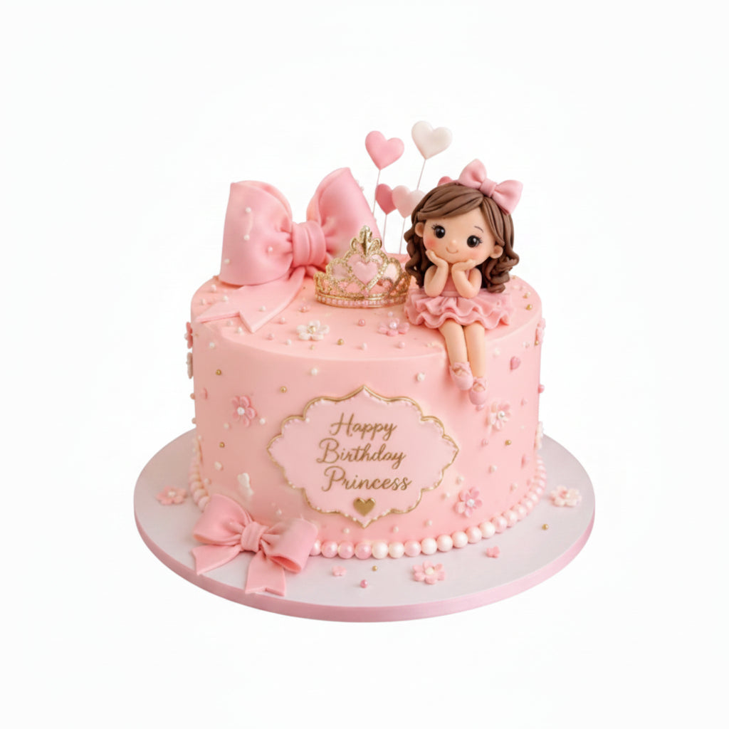 A pink birthday cake decorated with a large pink bow, a small gold tiara, a cartoon princess figurine, and the words 'Happy Birthday Princess' on the front, set on a round cake board.