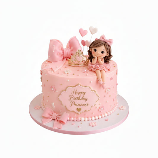 A pink birthday cake decorated with a large pink bow, a small gold tiara, a cartoon princess figurine, and the words 'Happy Birthday Princess' on the front, set on a round cake board.